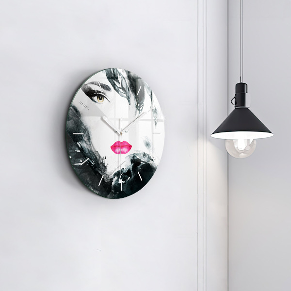Round glass clock Portrait of a woman red lips