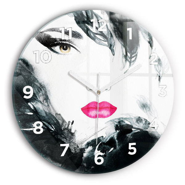 Round glass clock Portrait of a woman red lips