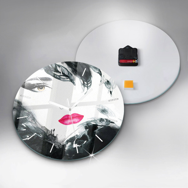 Round glass clock Portrait of a woman red lips