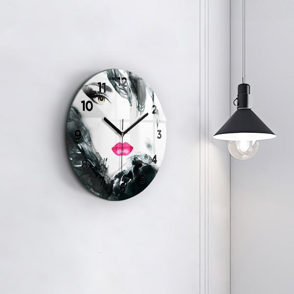 Round glass clock Portrait of a woman red lips
