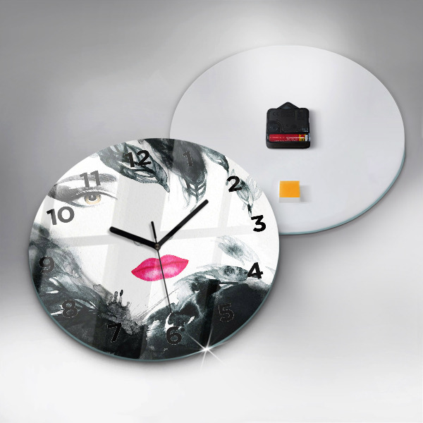 Round glass clock Portrait of a woman red lips