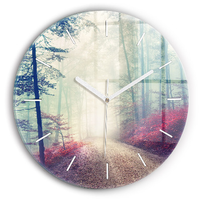 Round glass clock Autumn road Forest Fog