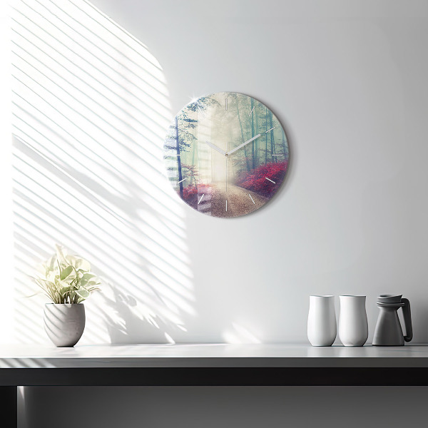 Round glass clock Autumn road Forest Fog