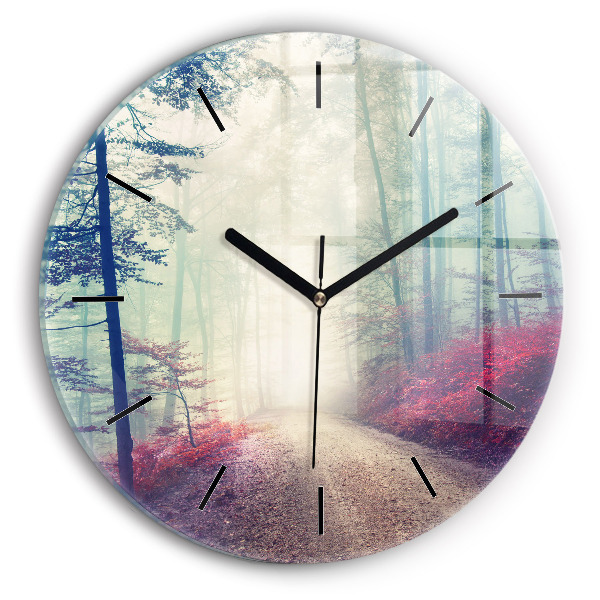 Round glass clock Autumn road Forest Fog