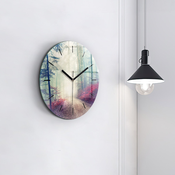 Round glass clock Autumn road Forest Fog