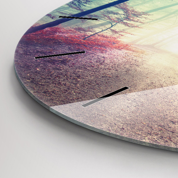 Round glass clock Autumn road Forest Fog