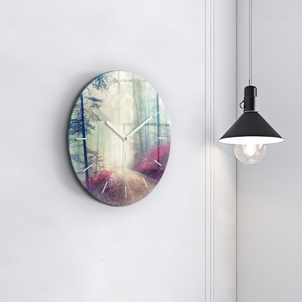 Round glass clock Autumn road Forest Fog