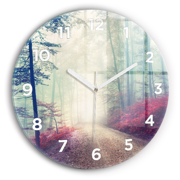 Round glass clock Autumn road Forest Fog