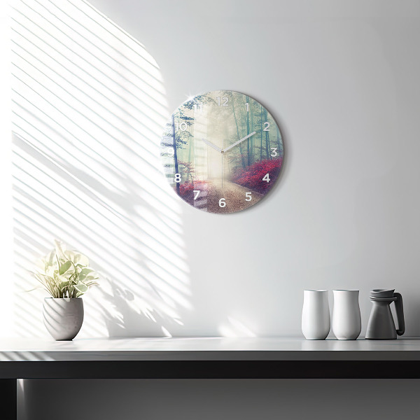 Round glass clock Autumn road Forest Fog