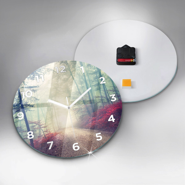 Round glass clock Autumn road Forest Fog