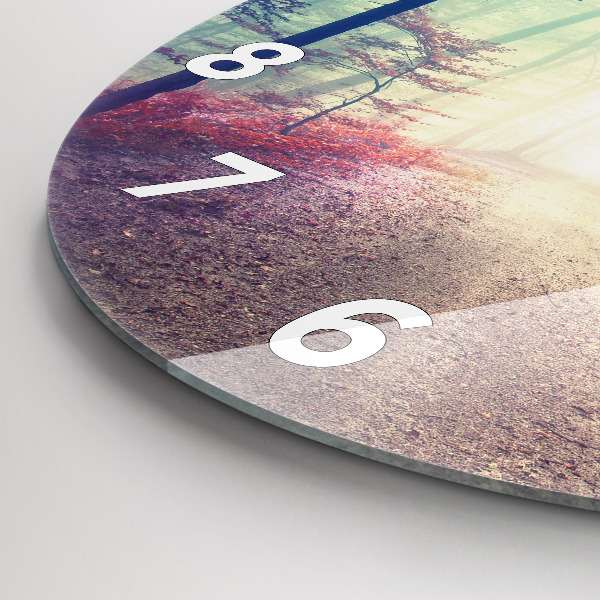 Round glass clock Autumn road Forest Fog