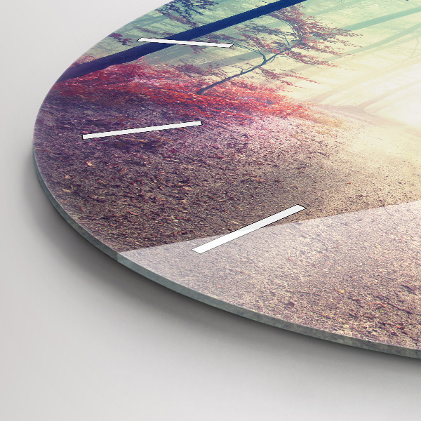 Round glass clock Autumn road Forest Fog