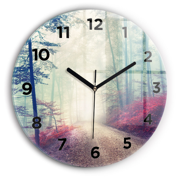 Round glass clock Autumn road Forest Fog