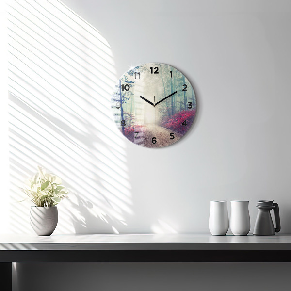 Round glass clock Autumn road Forest Fog