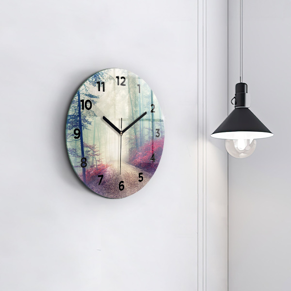 Round glass clock Autumn road Forest Fog