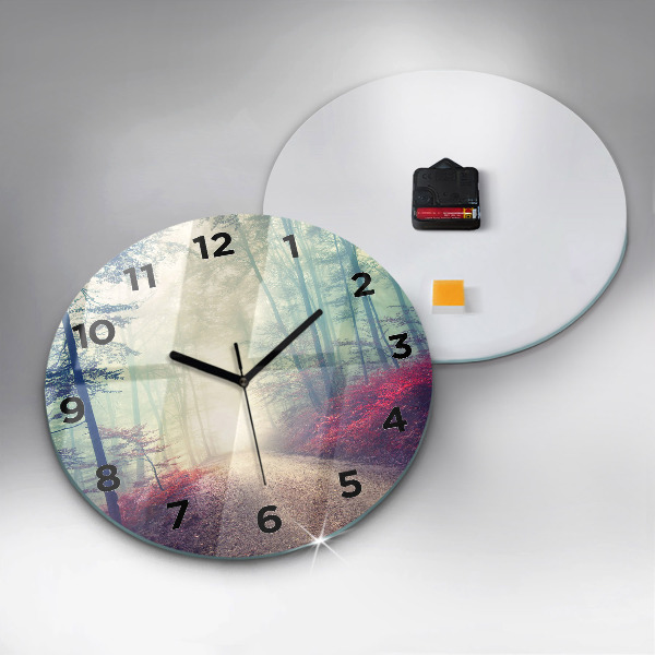 Round glass clock Autumn road Forest Fog