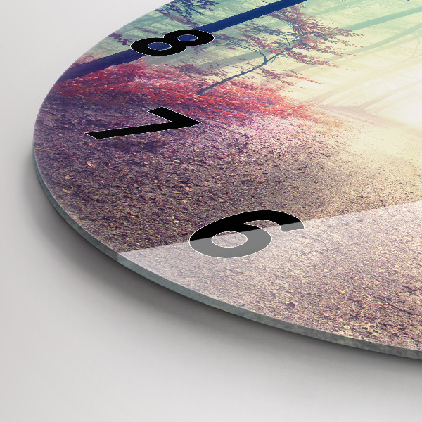 Round glass clock Autumn road Forest Fog