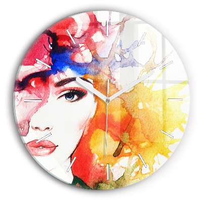 Round glass clock Colorful portrait of a woman