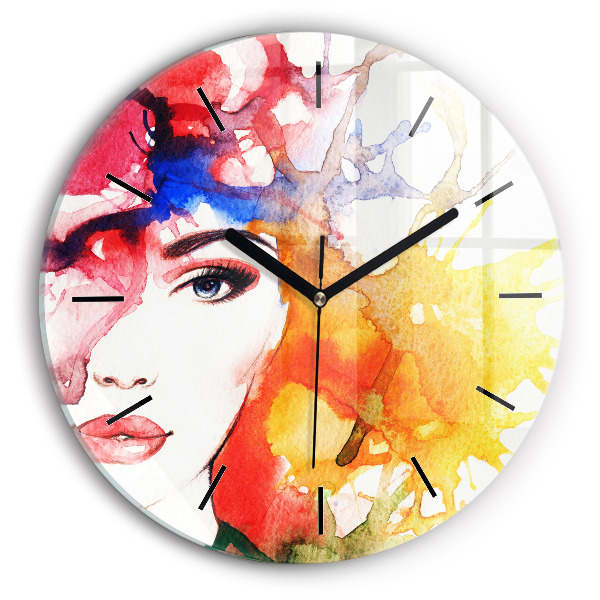 Round glass clock Colorful portrait of a woman
