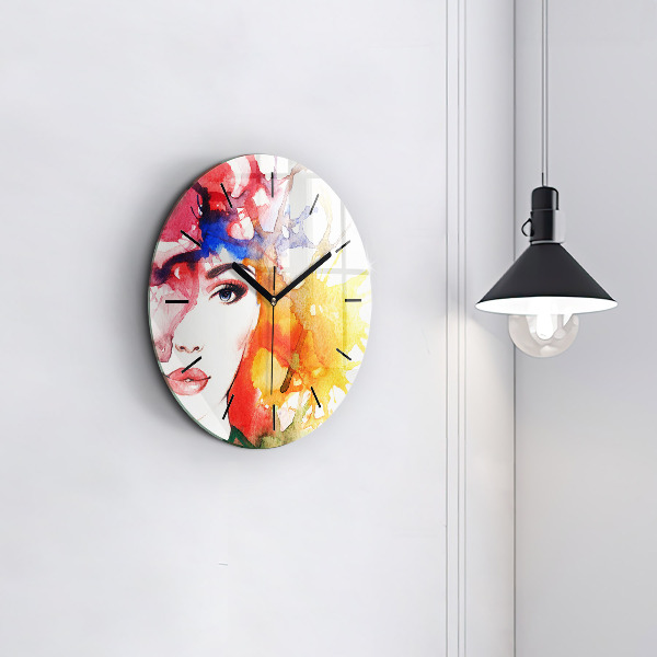 Round glass clock Colorful portrait of a woman