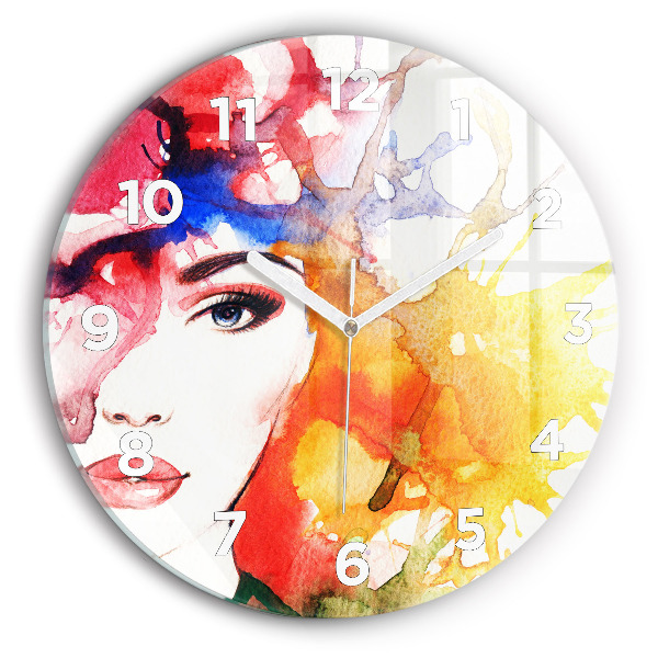 Round glass clock Colorful portrait of a woman