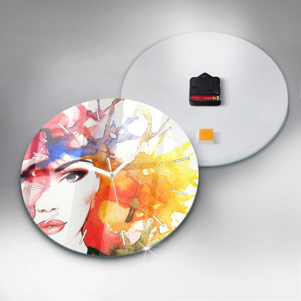 Round glass clock Colorful portrait of a woman
