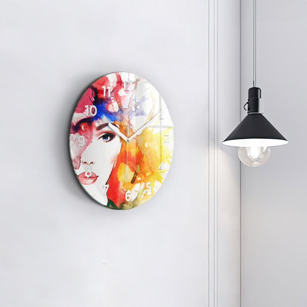 Round glass clock Colorful portrait of a woman
