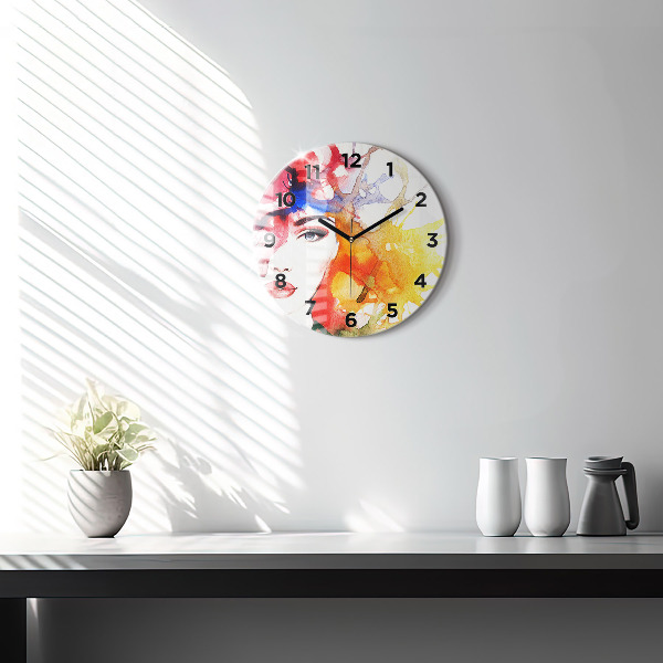 Round glass clock Colorful portrait of a woman
