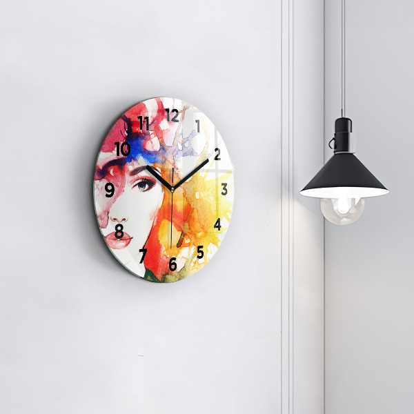 Round glass clock Colorful portrait of a woman