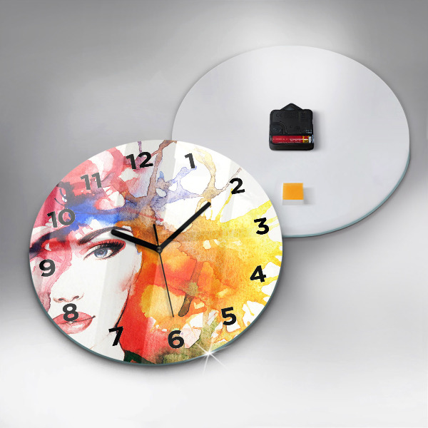 Round glass clock Colorful portrait of a woman