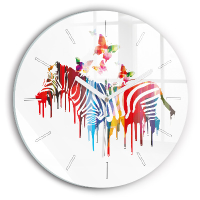 Round glass clock Colorful zebra