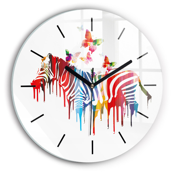 Round glass clock Colorful zebra