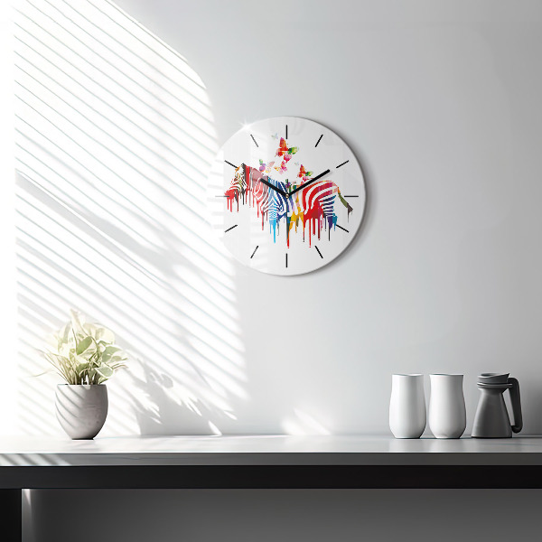 Round glass clock Colorful zebra