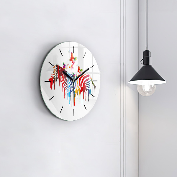 Round glass clock Colorful zebra