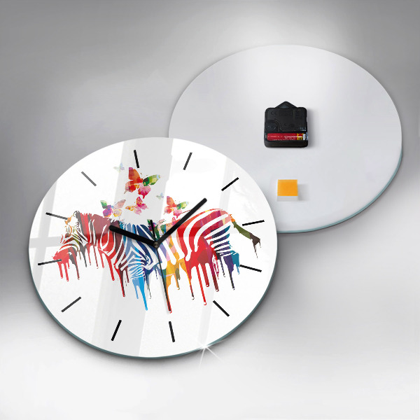 Round glass clock Colorful zebra
