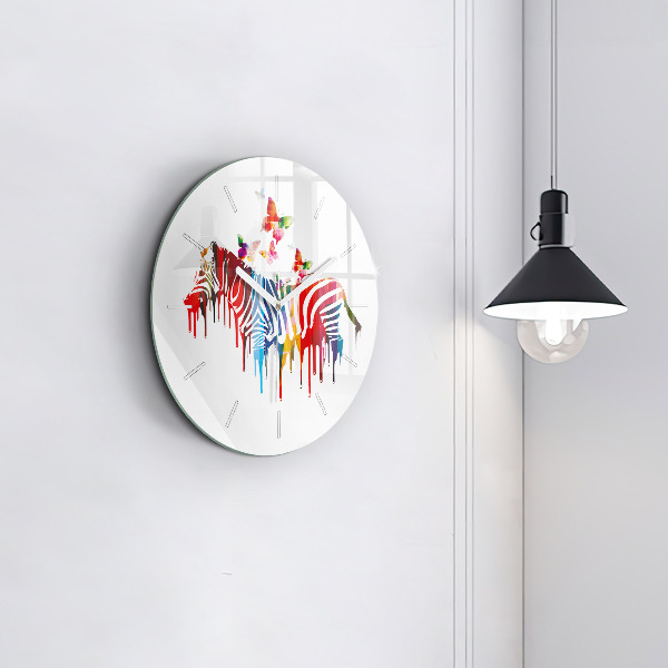 Round glass clock Colorful zebra