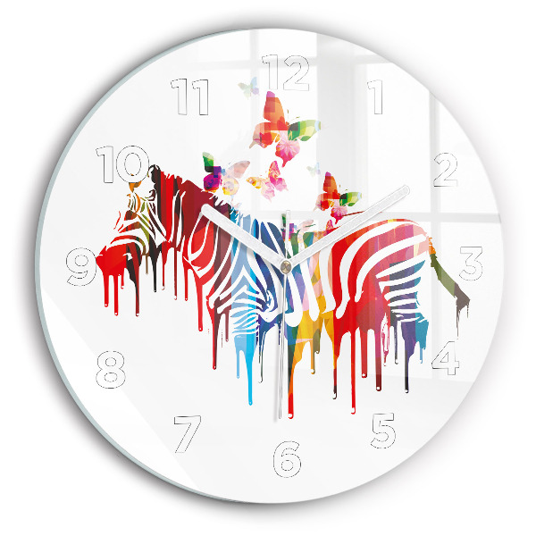 Round glass clock Colorful zebra