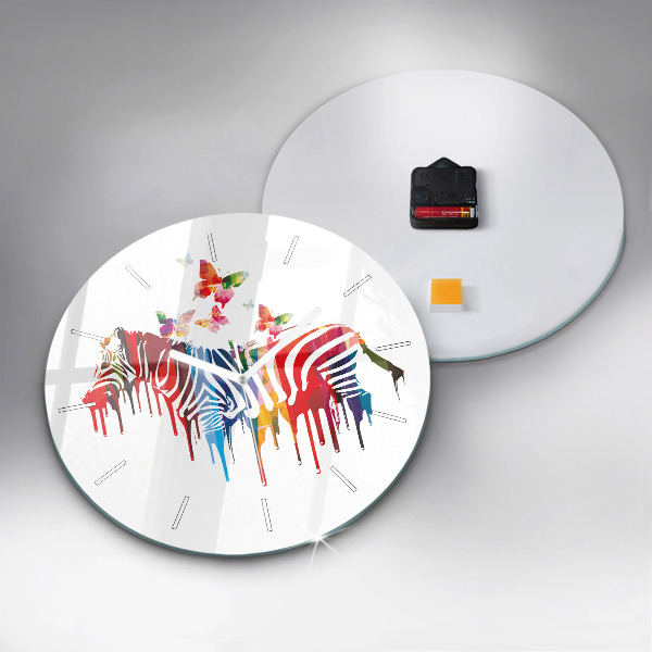 Round glass clock Colorful zebra