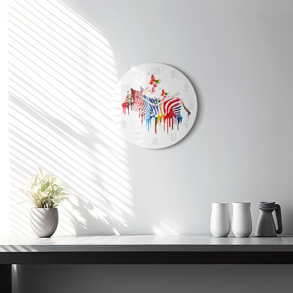 Round glass clock Colorful zebra