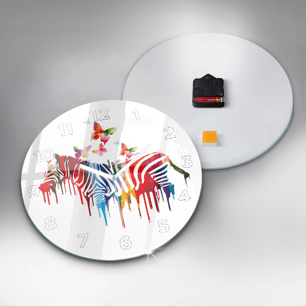 Round glass clock Colorful zebra