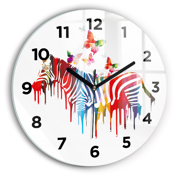 Round glass clock Colorful zebra