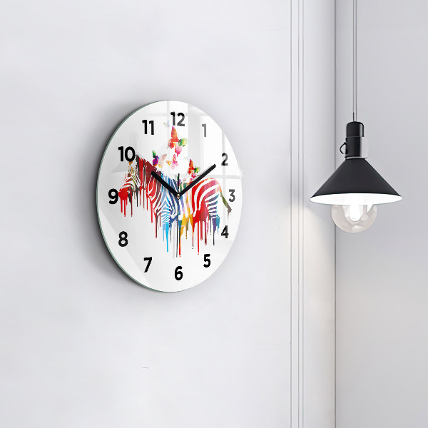 Round glass clock Colorful zebra