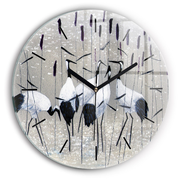 Round glass clock Cranes in the reeds