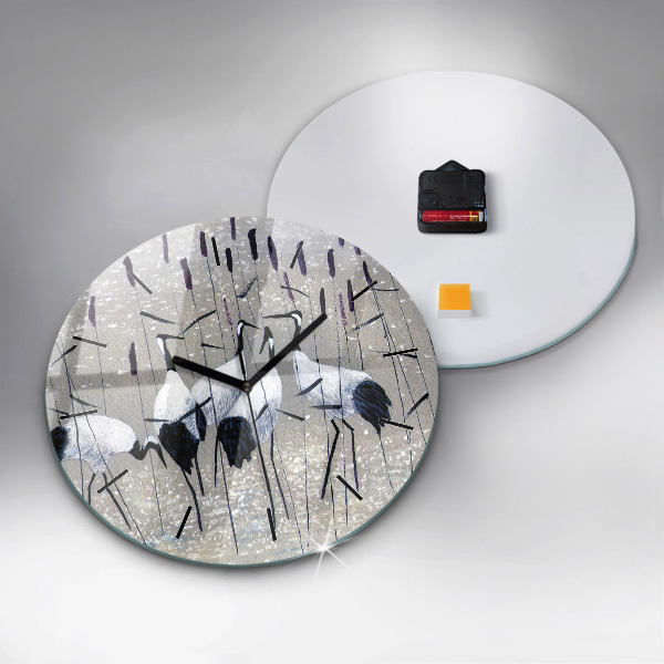 Round glass clock Cranes in the reeds