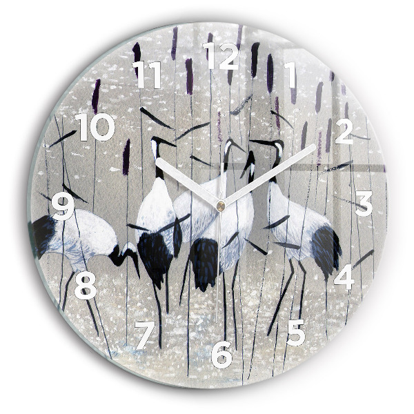 Round glass clock Cranes in the reeds