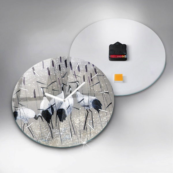 Round glass clock Cranes in the reeds