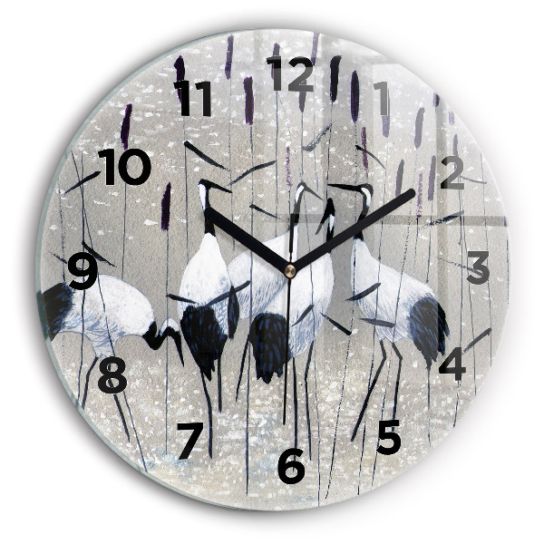 Round glass clock Cranes in the reeds