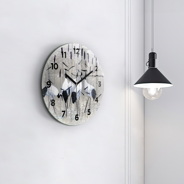 Round glass clock Cranes in the reeds