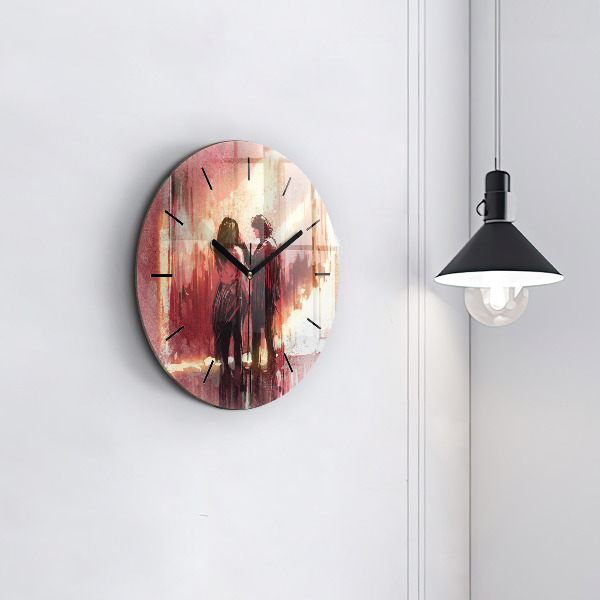 Round glass clock Young couple in love