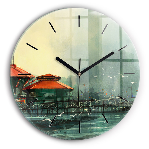 Round glass clock Fishing village